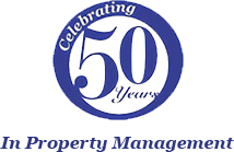 a reward ribbon graphic celebrating 50 years of being in the business of property management